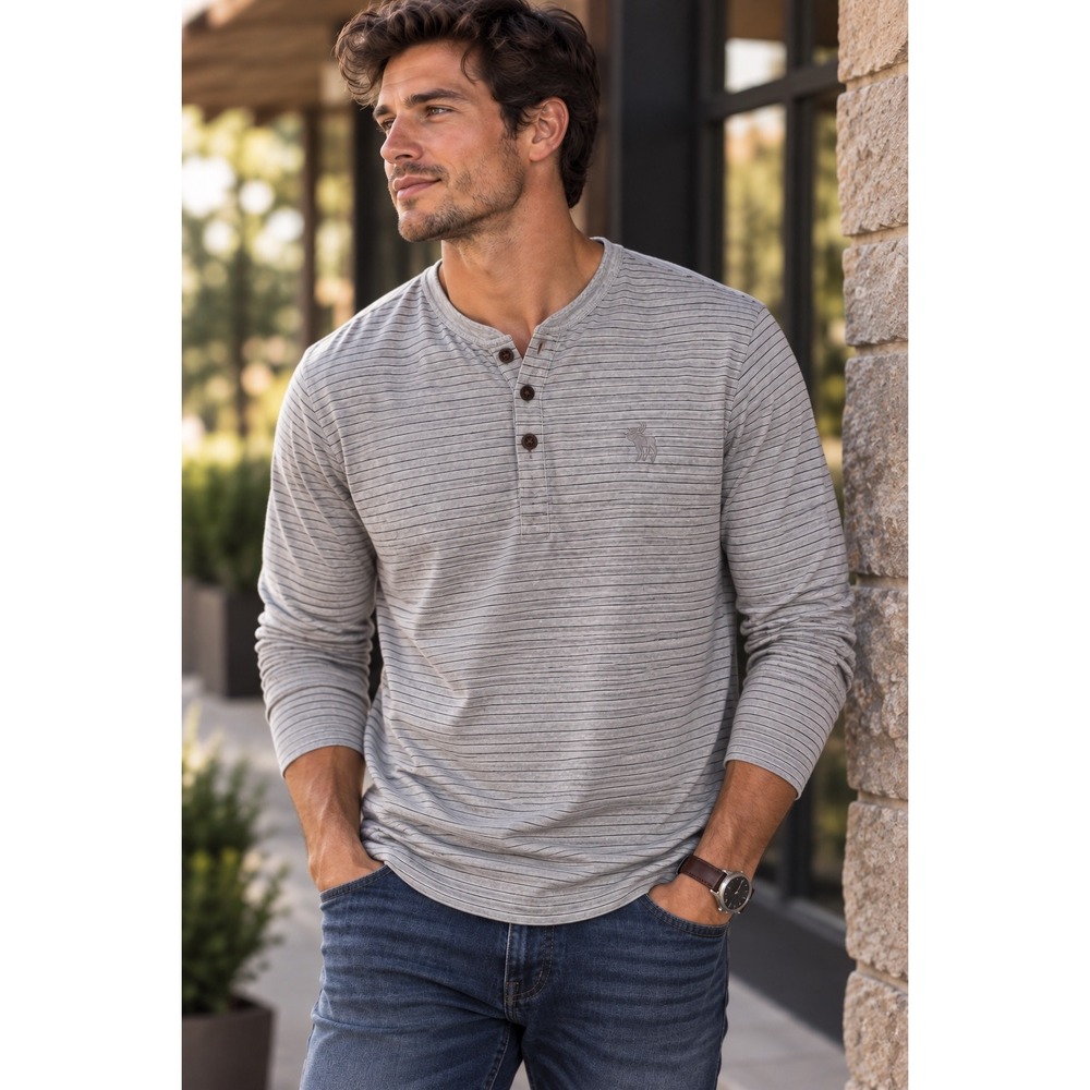 Abercrombie & Fitch Mens XXL Gray Striped Muscle Fit Long Sleeve Henley Shirt